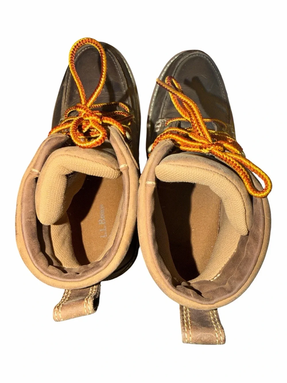 L.L. Bean Brown Leather Moc-Toe Boots with Orange Accent Laces